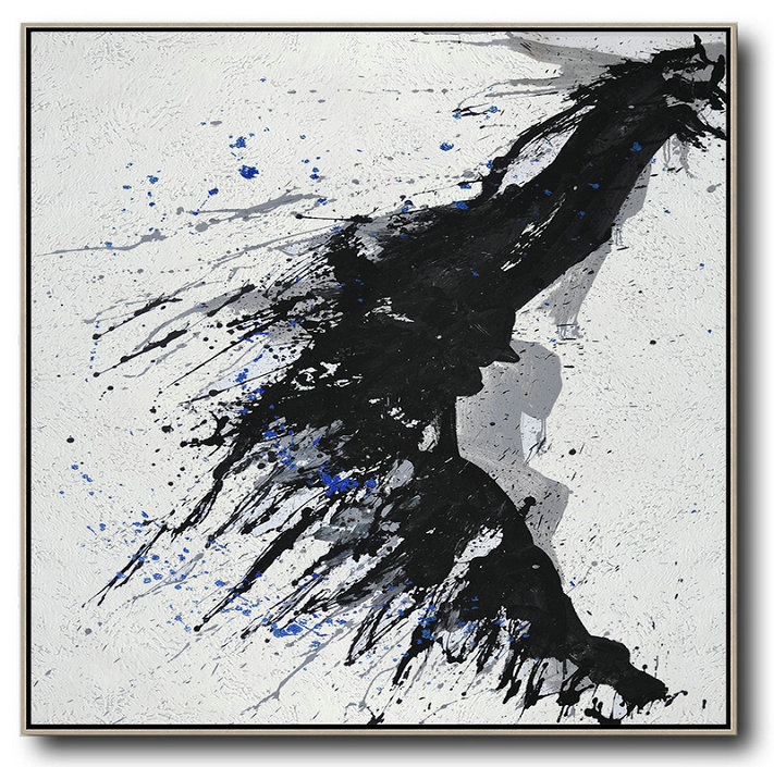 Handmade Large Contemporary Art,Minimalist Drip Painting On Canvas, Black, White, Grey, Blue - Modern Art Abstract Painting